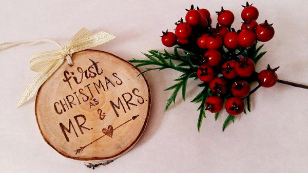 Handmade First Christmas as MR&MRS Ornament / Wooden Christmas Tree Ornaments / Birch Ornaments / Hand Lettered / Woodburned Christmas Tree Ornaments