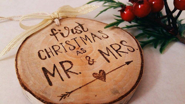 Handmade First Christmas as MR&MRS Ornament / Wooden Christmas Tree Ornaments / Birch Ornaments / Hand Lettered / Woodburned Christmas Tree Ornaments