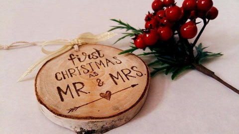 Handmade First Christmas as MR&MRS Ornament / Wooden Christmas Tree Ornaments / Birch Ornaments / Hand Lettered / Woodburned Christmas Tree Ornaments